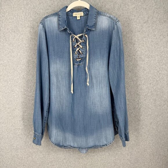 Cloth & Stone Womens Chambray Lace Up Popover Tunic Top Size L Blue Casual Boho - Picture 1 of 13